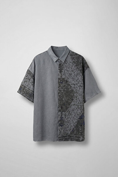 ablukaonline Erkek Kısa Kollu Desenli Oversize Gömlek Gri
