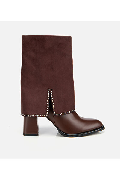 Hotiç Kadın Kahverengi Pantolon Görünümlü Zımbalı Kalın Topuklu Bot