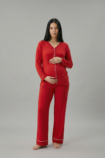 Talvien Fitilli Bambu Kumaş Uzun Kollu Düğmeli Salaş Takım – Hamile İçin Uygun