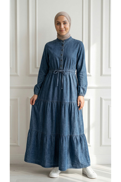 BENAHOLL Günsu Φόρεμα τζιν με μισό πάτσιλ, δέσιμο στη μέση και στρώσεις-PA943...