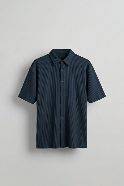 ablukaonline Men's Oversize Ribbed Cuban Collar Shirt Petrol Blue