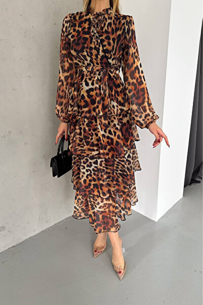 Neşeli Butik ženska suknja sa slojevima, šifonska haljina sa leopard printom ...