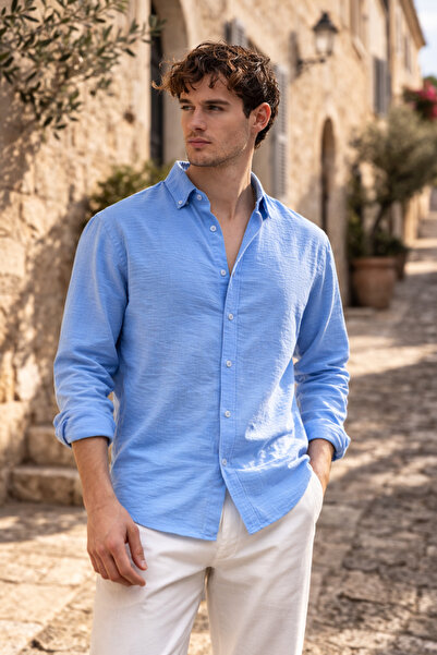 Valiberta Pera Fabric Linen Look Half Oversize Long Sleeve Men's Shirt - Ligh...