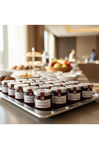 Lokman Gourmet Organik Vişne Reçeli 32 g x 50 Adet – Tek Porsiyon Cam Kavanoz – Otel & Catering