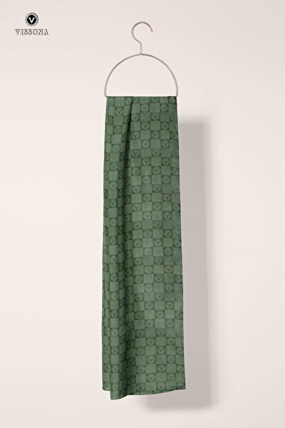 Vissona %57 İPEK %43 PAMUK Monogram Desenli Haki Yeşili Renkli Şal - 70x190 D...