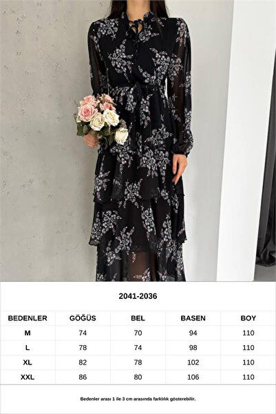 Neşeli Butik kadın astarlı eteği kat kat desenli şifon elbise NBKKLF2036
