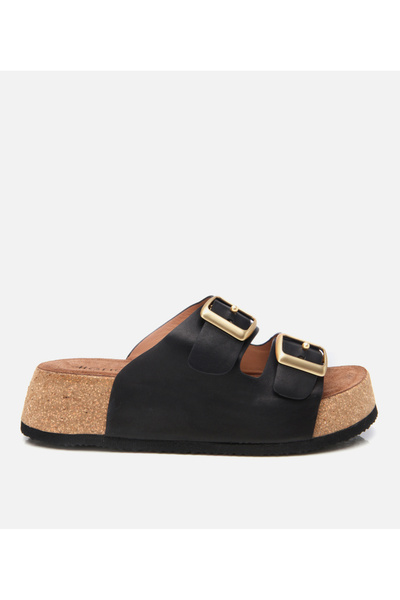 Hotiç Kadın Deri Siyah Kemerli Yüksek Tabanlı Düz Terlik