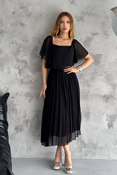 Neşeli Butik kadın madonna yaka piliseli şifon elbise NBK2099