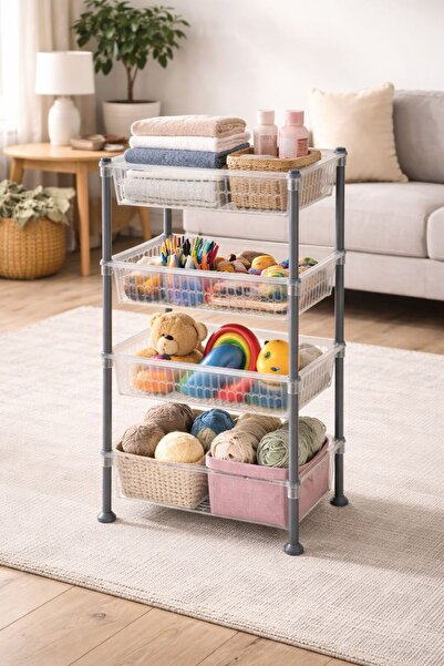 Kazen Home Kazen 4 Katlı Plastik Raf – Çok Amaçlı Organizer Mutfak Banyo /Şeffaf