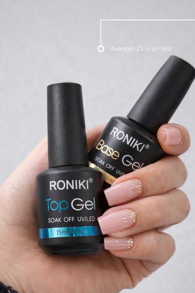 RONIKI Rubber Base + 3D Steel No-Wipe Top Coat Set 15 ml – Extra Güçlü & Ultra Parlak 2’li Profesyonel Set