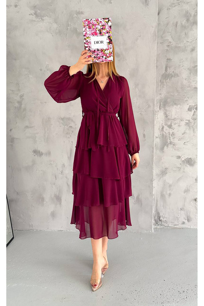 Neşeli Butik kadın astarlı eteği kat kat şifon elbise NBKKLF2041