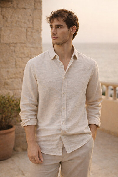 Valiberta Pera Fabric Linen Look Half Oversize Long Sleeve Men's Shirt - Stone