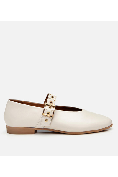 Hotiç Γυναικείες δερμάτινες μπαλαρίνες Ecru Mary Jane με ζώνη