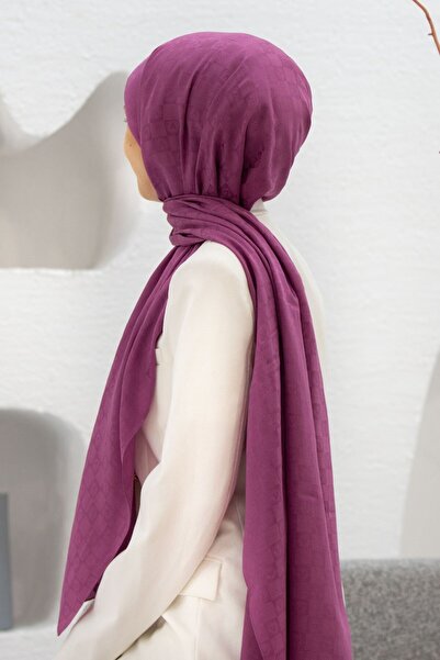 Vissona %57 İPEK %43 PAMUK Monogram Desenli Koyu Pembe Renkli Şal - 70x190 Di...