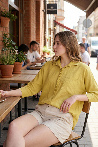 armonika Γυναικείο πουκάμισο με πράσινο νέον με τσέπη casual λινό ARM-21Y001035