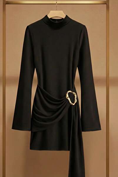 PASTELASTORE Buckle Detail Belted Mock Neck Mini Women's Dress