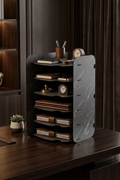 Evene Dosya Düzenleyici Masa Üstü Organizer Ahşap Evrak Rafı Siyah Mermer Ren...