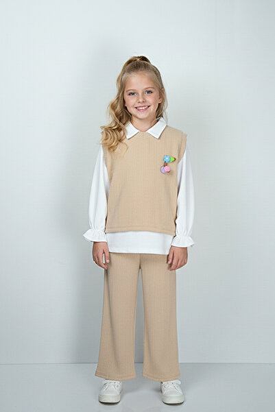 zubi baby & kids wear طقم بلوزة وبنطلون محبوك باللون البيج للفتيات (ثلاث قطع)...
