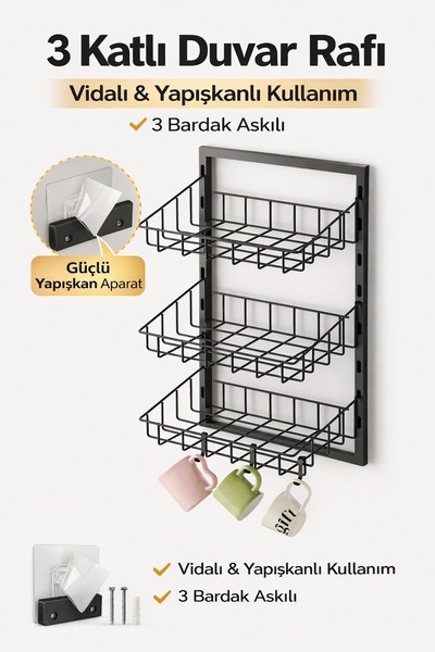 Bino Mutfak Rafı Sepet Çok Amaçlı Dolap Raf Stand Duvar Rafı Organizer Düzenl...