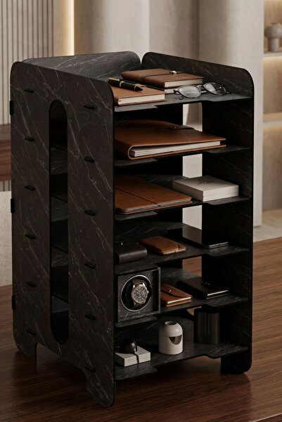 Evene Dosya Düzenleyici Masa Üstü Organizer Ahşap Evrak Rafı Siyah Mermer Ren...