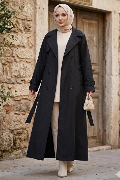 hafsamina Belted Buttoned Full-Length Trench Coat Black Hm2891