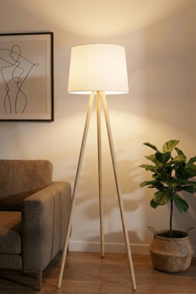 Marrien Woody 3 Ayaklı Tripod Krem Ahşap Lambader Oturma Odası & Yatak Odası ...