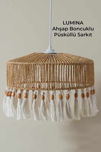 Marrien Lumina Ahşap Boncuklu Püsküllü Sarkıt Avize Mutfak & Salon Aydınlatması