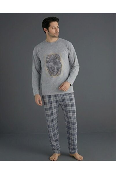 URUMDAY Men's Plaid Patterned Long Sleeve Crew Neck Pajama Set