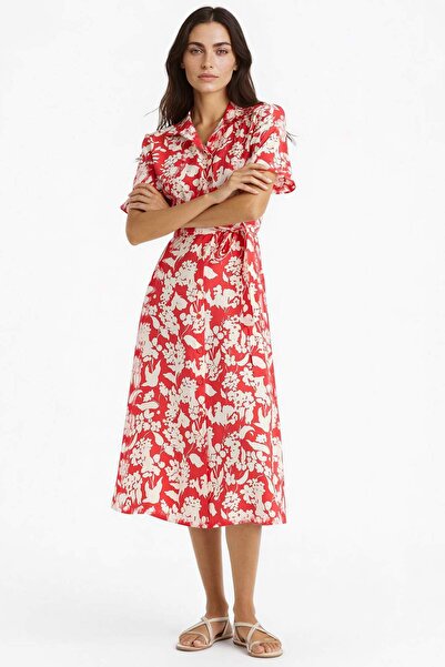 DeFacto Πουκάμισο γιακά με λουλουδάτο μοτίβο Μοντάλ κοντομάνικο μίντι φόρεμα ...