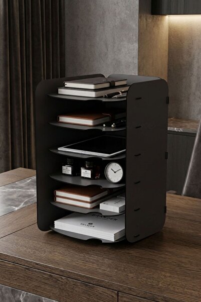 Evene Dosya Düzenleyici Masa Üstü Organizer Ahşap Evrak Rafı Siyah Renk Model 26