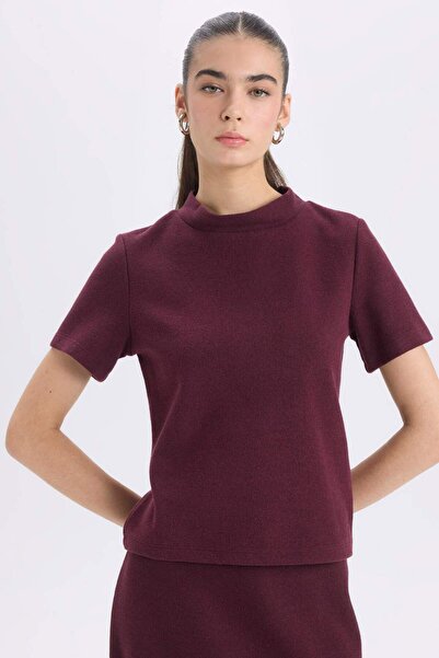 DeFacto Slim Fit Slim Fit Half Turtleneck Basic Απλό κοντομάνικο μπορντό μπλο...