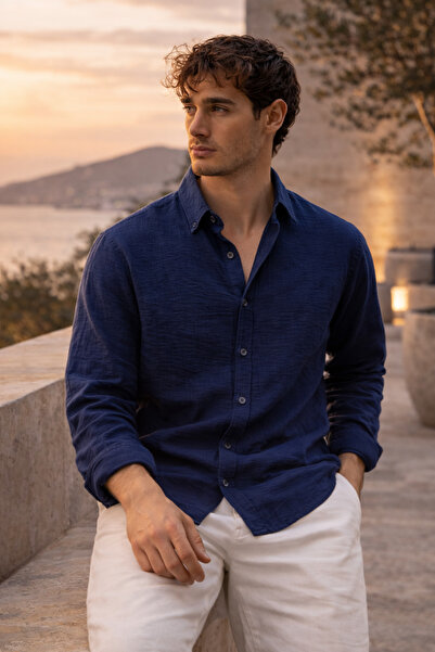 Valiberta Pera Fabric Lan Look Half Oversize kroj Muška košulja dugih rukava ...