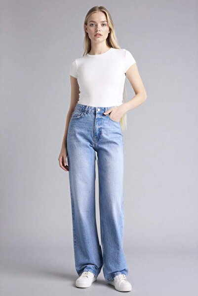 DeFacto Straight Fit High Waist Long Jean Washed Pants G3542Ax25Wn