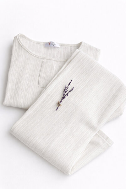 The Nowy Kadın Beyaz Pamuklu Pointel Desenli Uzun Kollu Pijama Takımı