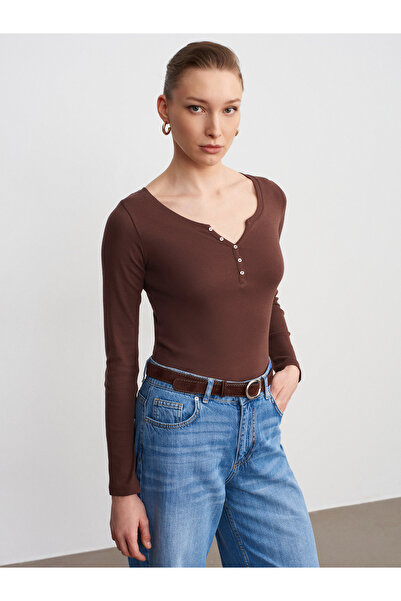 Dilvin 32699 100% pamuk Dugme Detaljan Gornji-Svetlo Smeđi