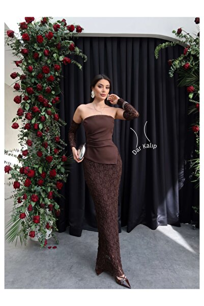 ESRAHELVACI Στράπλες φούστα με δαντέλα μακρύ φόρεμα