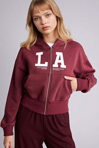 DeFacto Cropped Fit Hooded Printed Zippered Sweatshirt G8220Ax26Sp