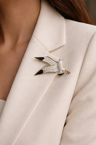 Modex Siyah Beyaz Mineli Martı Broş (Ölçü:3,5cm)