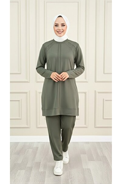 ALYA NAGİHAN TAKIM Haki Kristal Kumaş Taş Detaylı Tunik Pantolon 2'li Takım