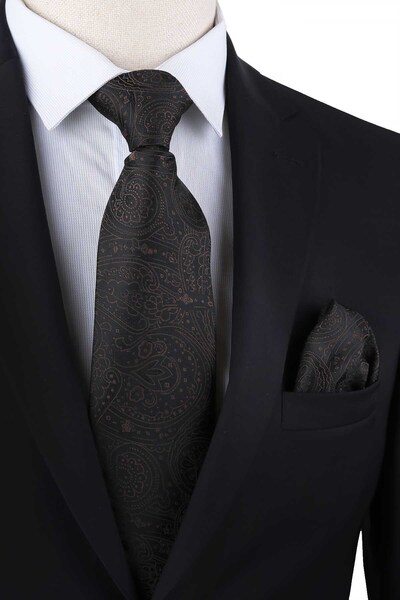 Kravatkolik Κλασική γραβάτα με μοτίβο καφέ σάλι με μαντήλι KK13121