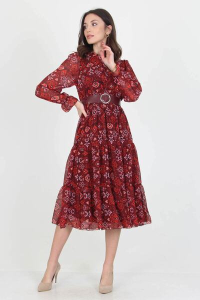 Neşeli Butik Kadın Kemerli Yakası Bağlama Detaylı Desenli Şifon Elbise Rssn02