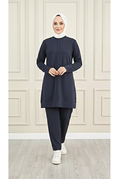 ALYA NAGİHAN TAKIM Lacivert Kadın Kristal Kumaş Taş Detaylı Tunik Pantolon 2'...