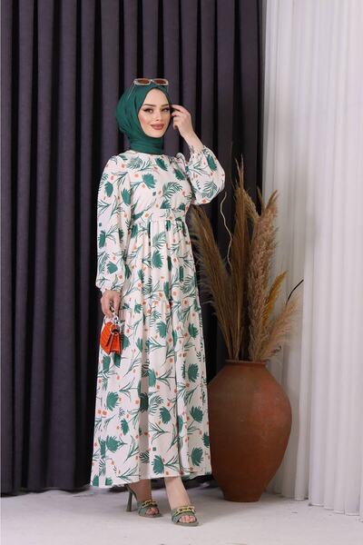 Neşeli Butik فستان حجاب نسائي بطبعة كتان SMS002 - أخضر