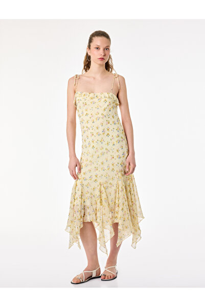 Koton Asymmetrical Cut Rope Strap Sleeveless Chiffon Floral Long Dress