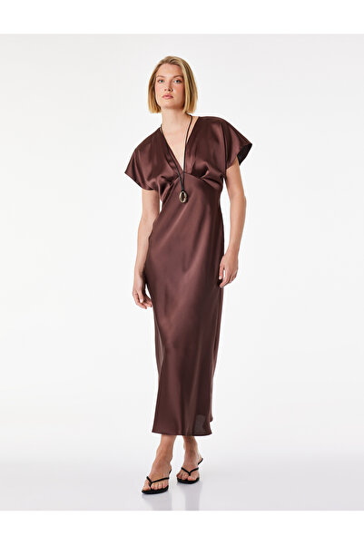 Koton Rochie de seară din satin midi, cu decolteu în V, mâneci scurte, croial...