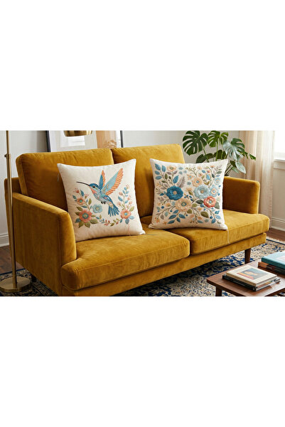 Piloji 2'li Nakış Görünümlü Dijital Baskılı Kırlent Seti - Koltuk Yastığı 43x...