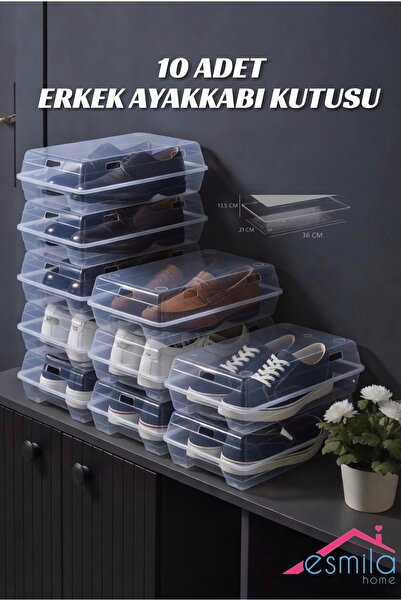 ESMİLA 10 Adet Erkek Ayakkabı Kutusu Şeffaf Düzenleyici Kutu Organizer 10 Lu Set