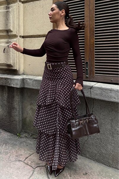 Madmext Fusta cu volane, maro/albă, cu curea și decupaj, cu model cu buline M...