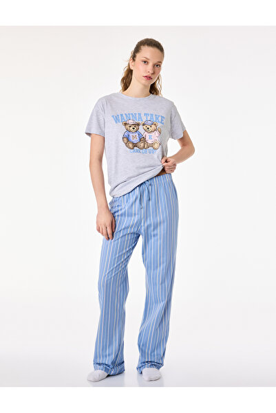 Koton Rahat Kalıp Kısa Kollu Bisiklet Yaka Çizgili Ayıcık Baskılı Pijama Takımı