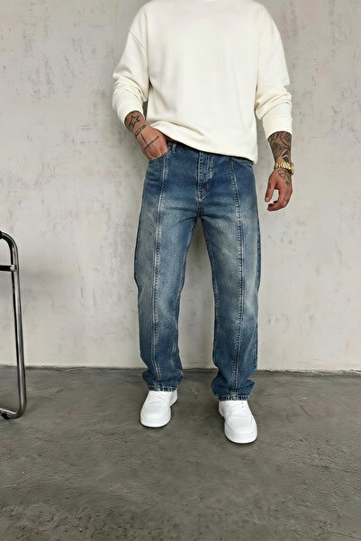 Wonraces Muške plave široke farmerke sa detaljnim šavovima